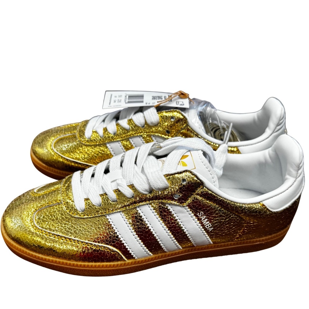 Adidas Samba Metallic Gold Crackle Leather Sneakers KI5719 Mens 5.5 Womens 6 - Picture 2 of 8